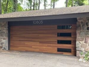 Modern plank wood garage doors with windows